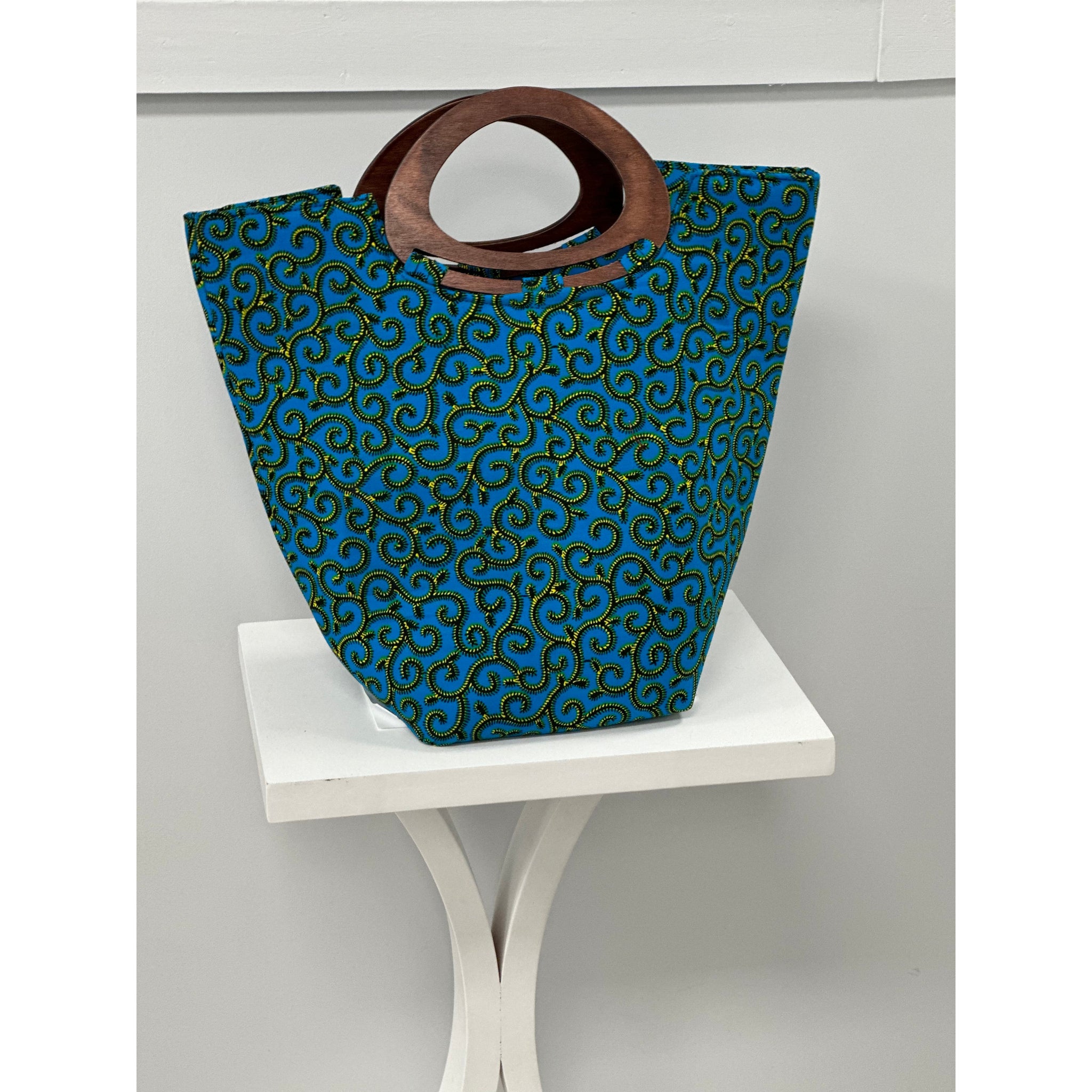 Aqua print oversized Tote with wooden handle