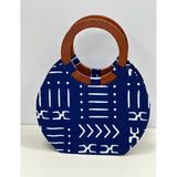 Blue and white mud cloth wooden handle handbag