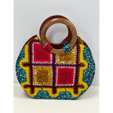 Red, Yellow and Blue African print purse with wooden handle