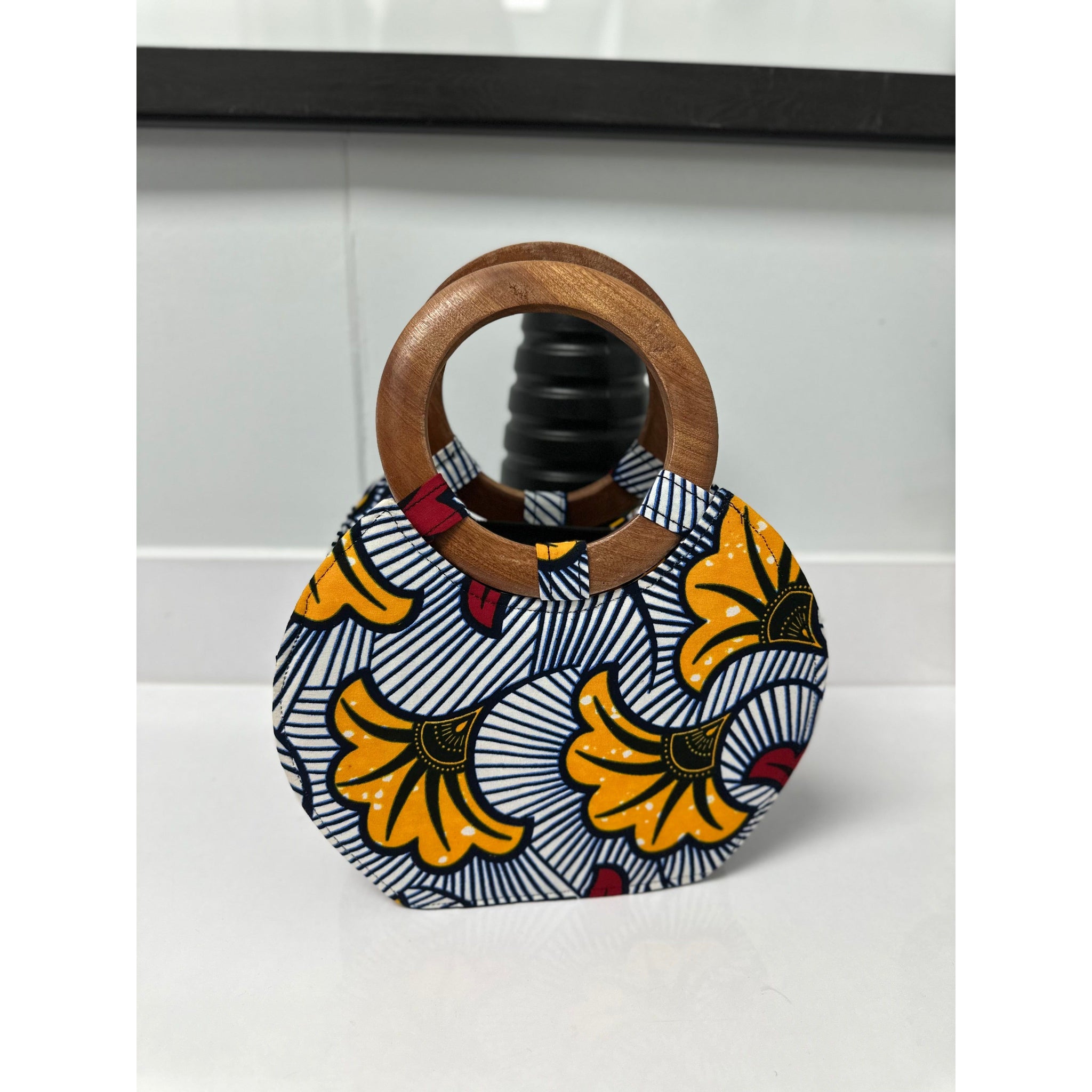 Aku African Print wooden handle handbag/fan