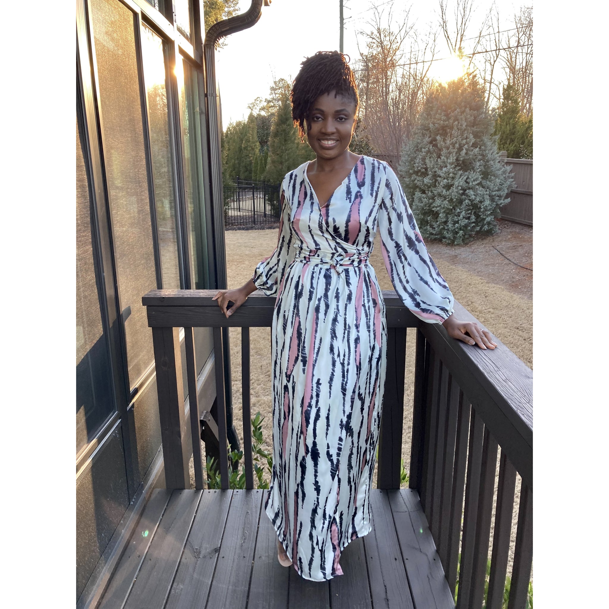 Blush African print silk wrap dress with bishop sleeves