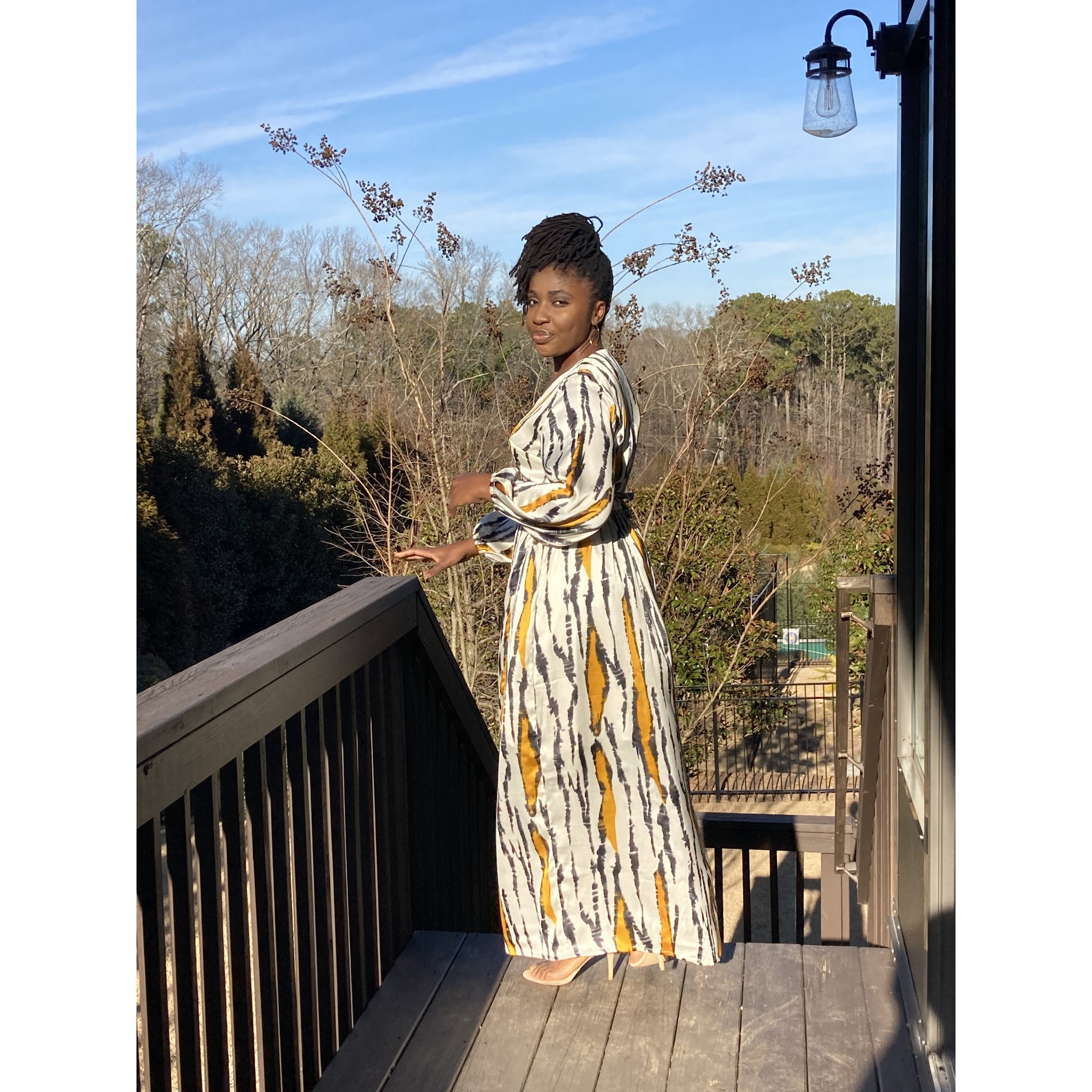 Mustard Silk African print wrap dress with bishop sleeves