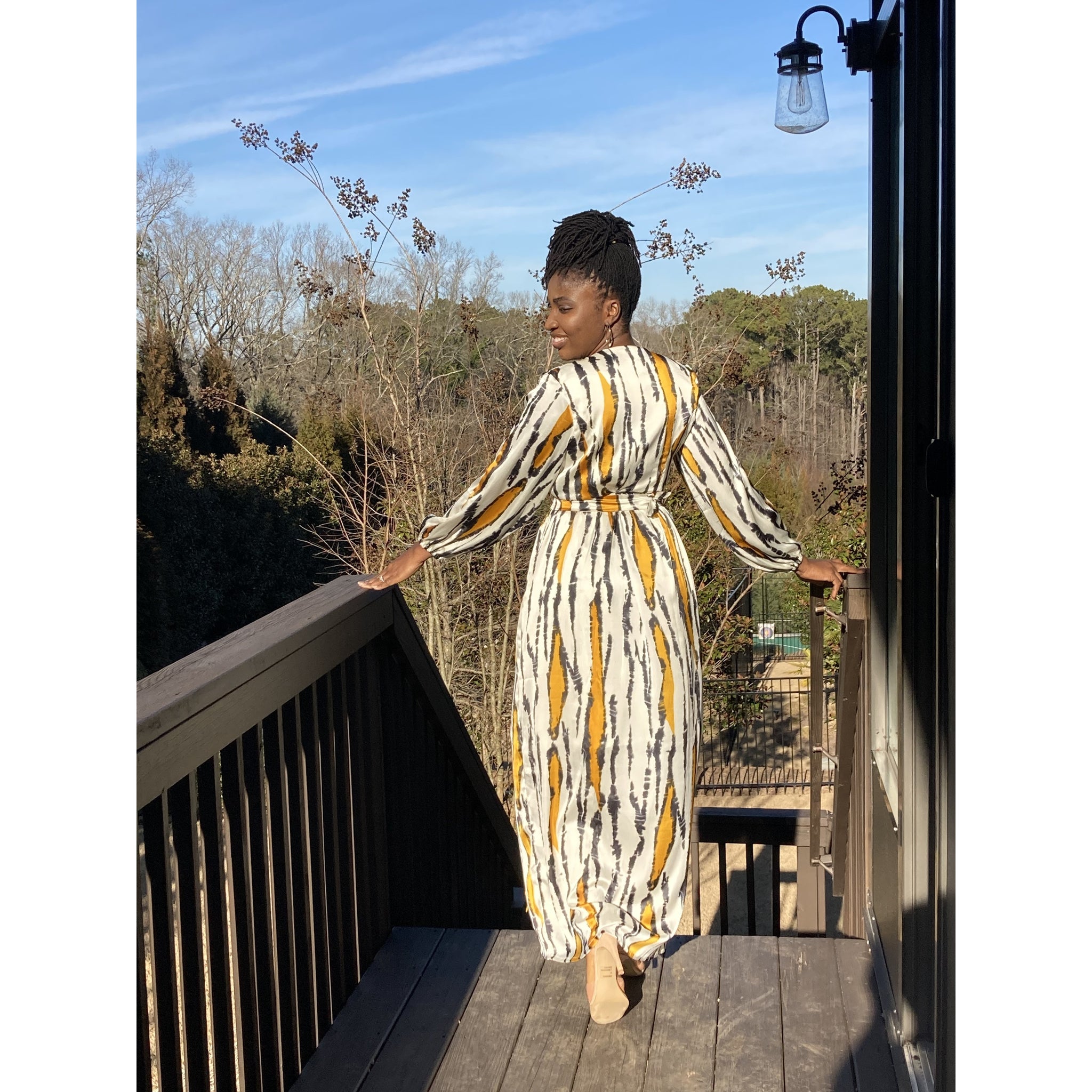 Mustard Silk African print wrap dress with bishop sleeves