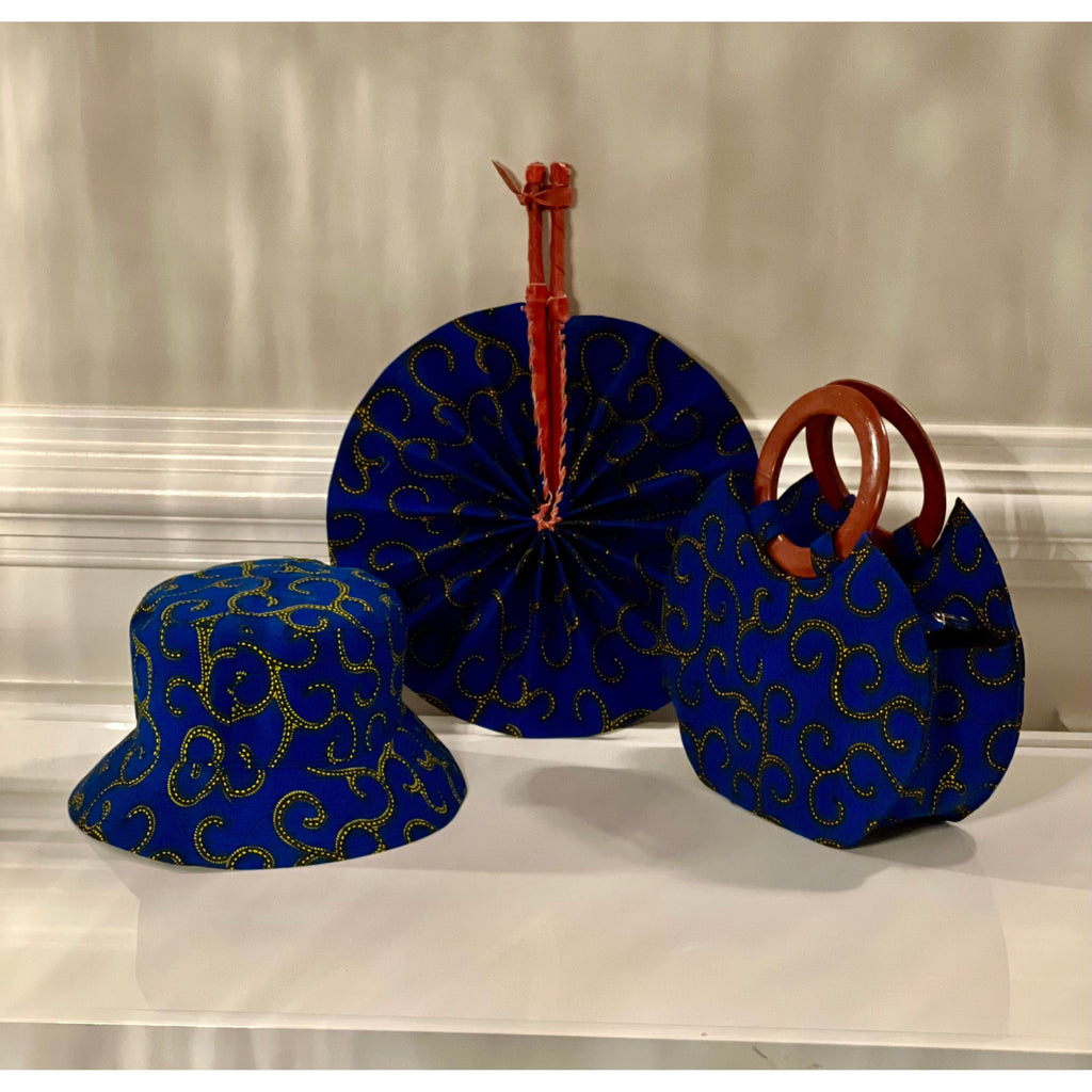 Blue and mustard African print wooden handle hand bag – Awura's Wardrobe
