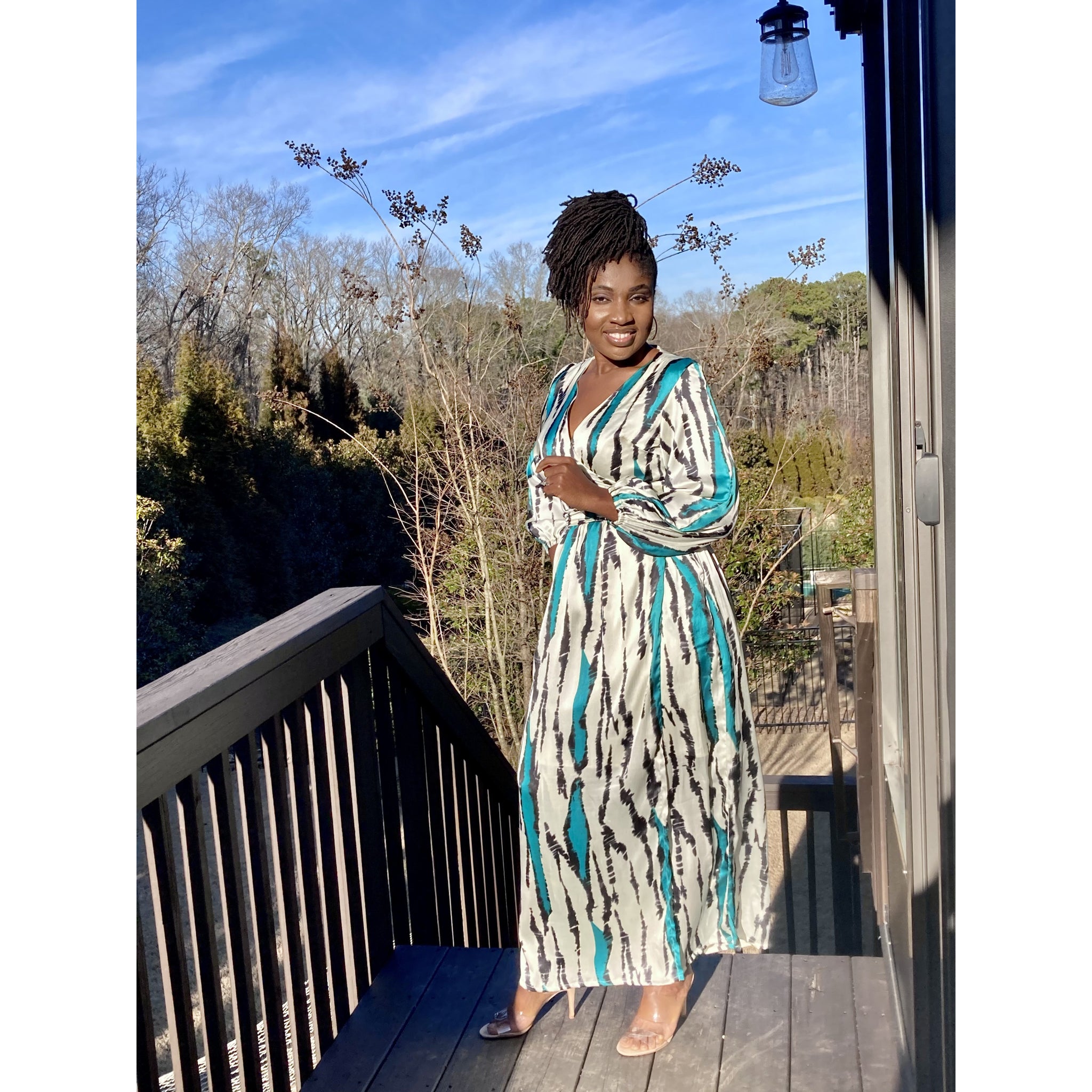 Teal Silk African print wrap dress with bishop dress