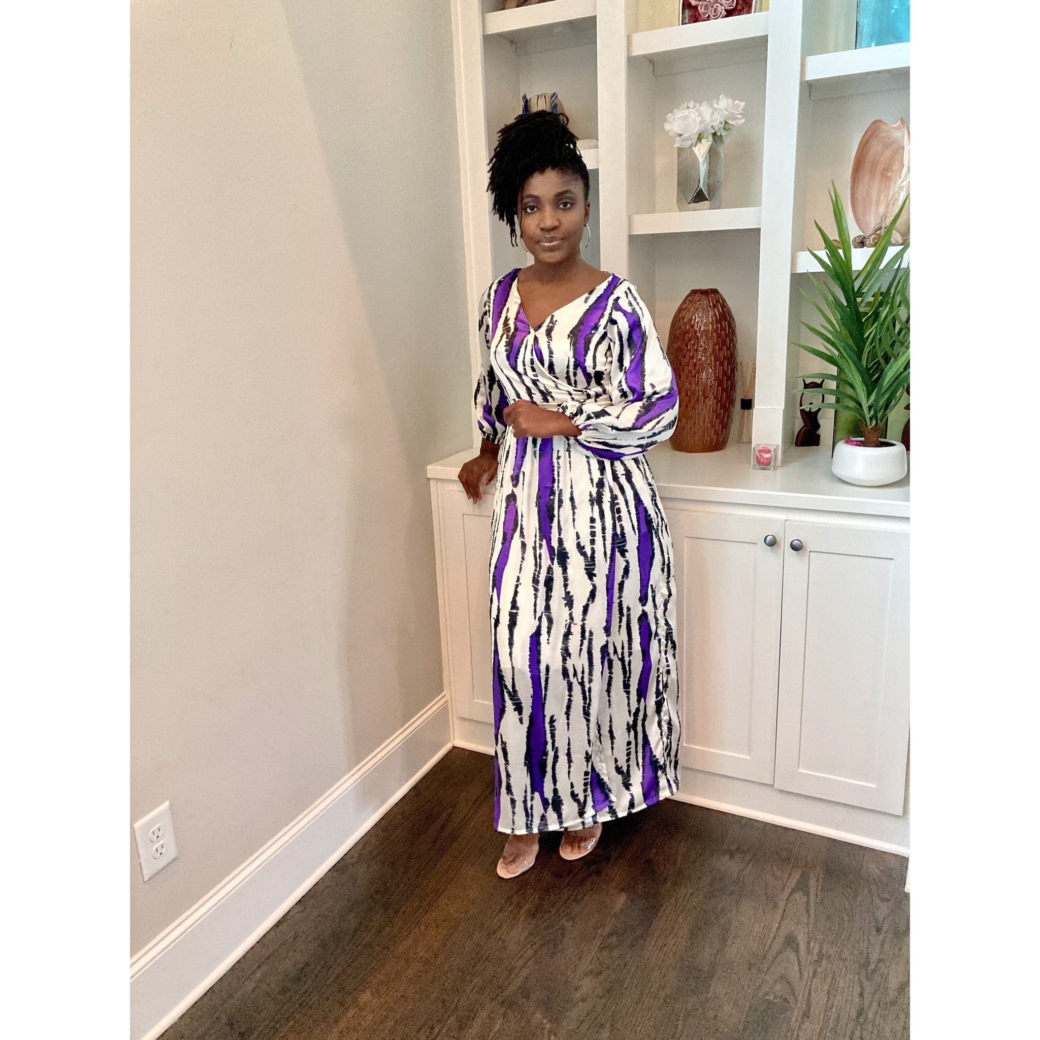 Purple Silk African print wrap dress with bishop sleeve