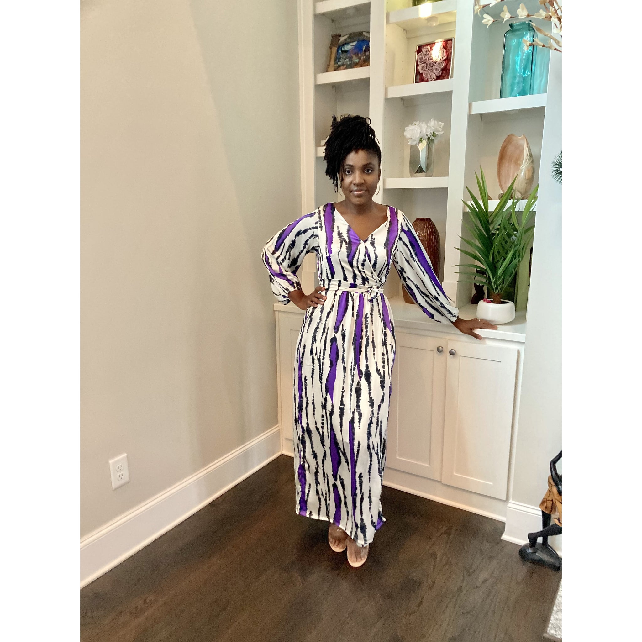 Purple Silk African print wrap dress with bishop sleeve