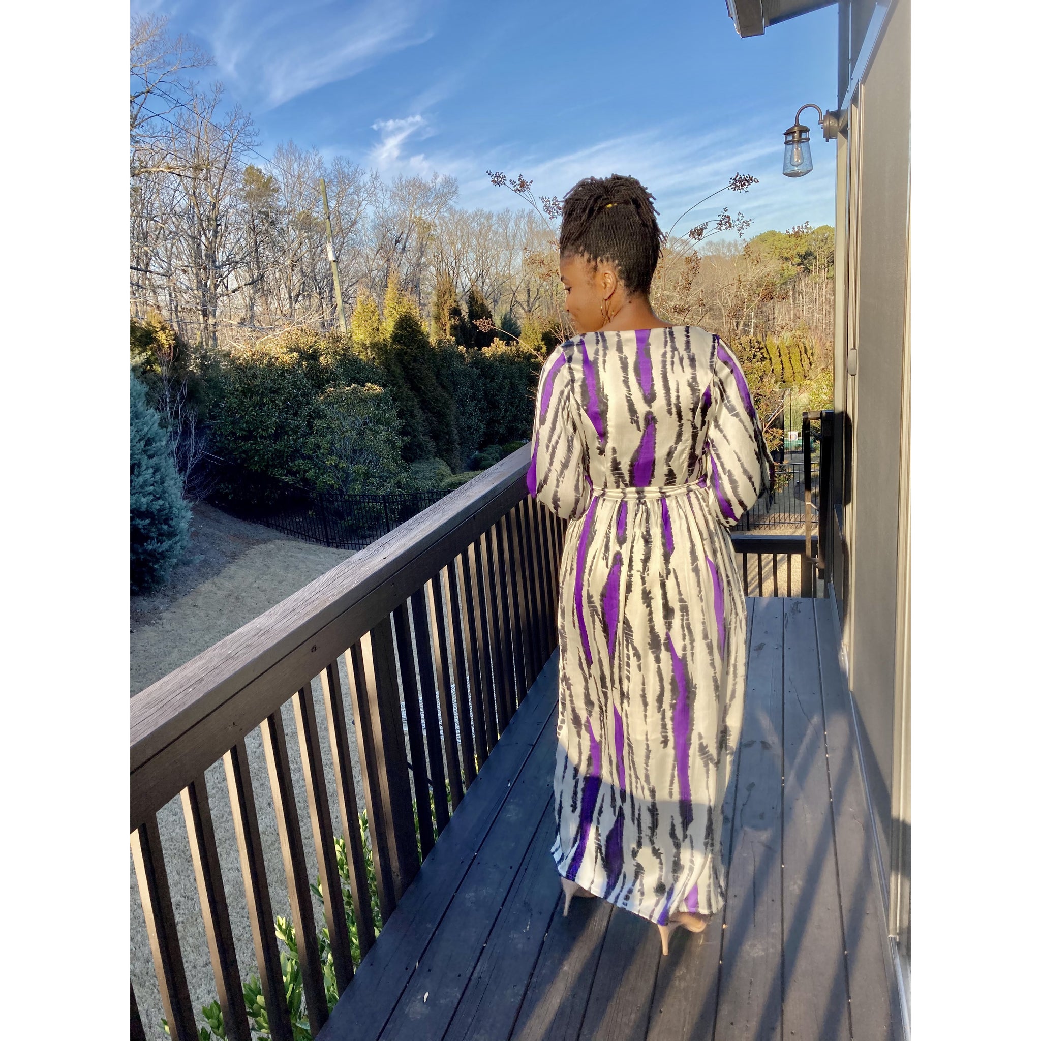 Purple Silk African print wrap dress with bishop sleeve