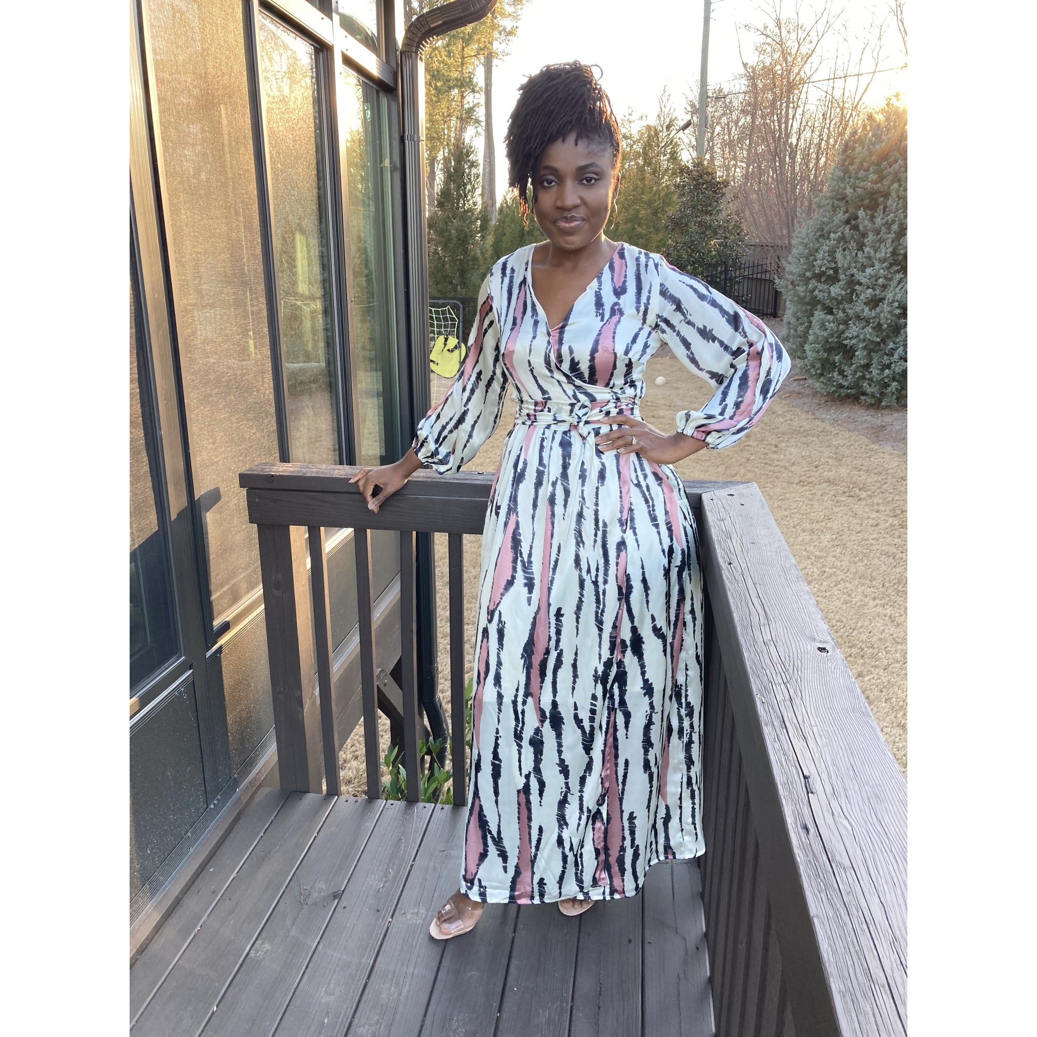 Blush African print silk wrap dress with bishop sleeves