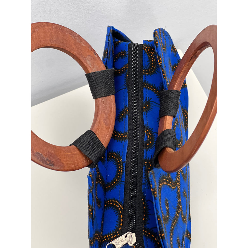 Red, Yellow and Blue African print purse with wooden handle