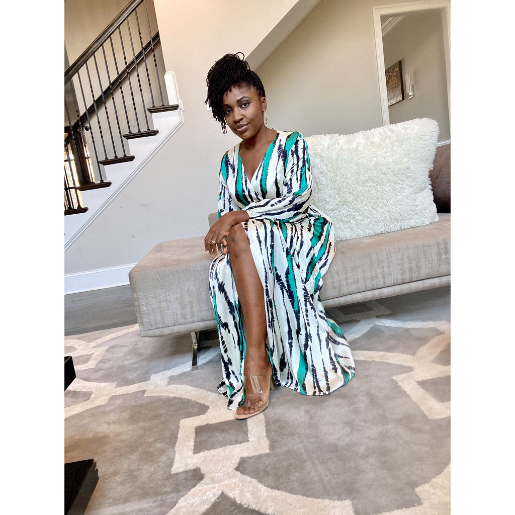 Teal Silk African print wrap dress with bishop dress