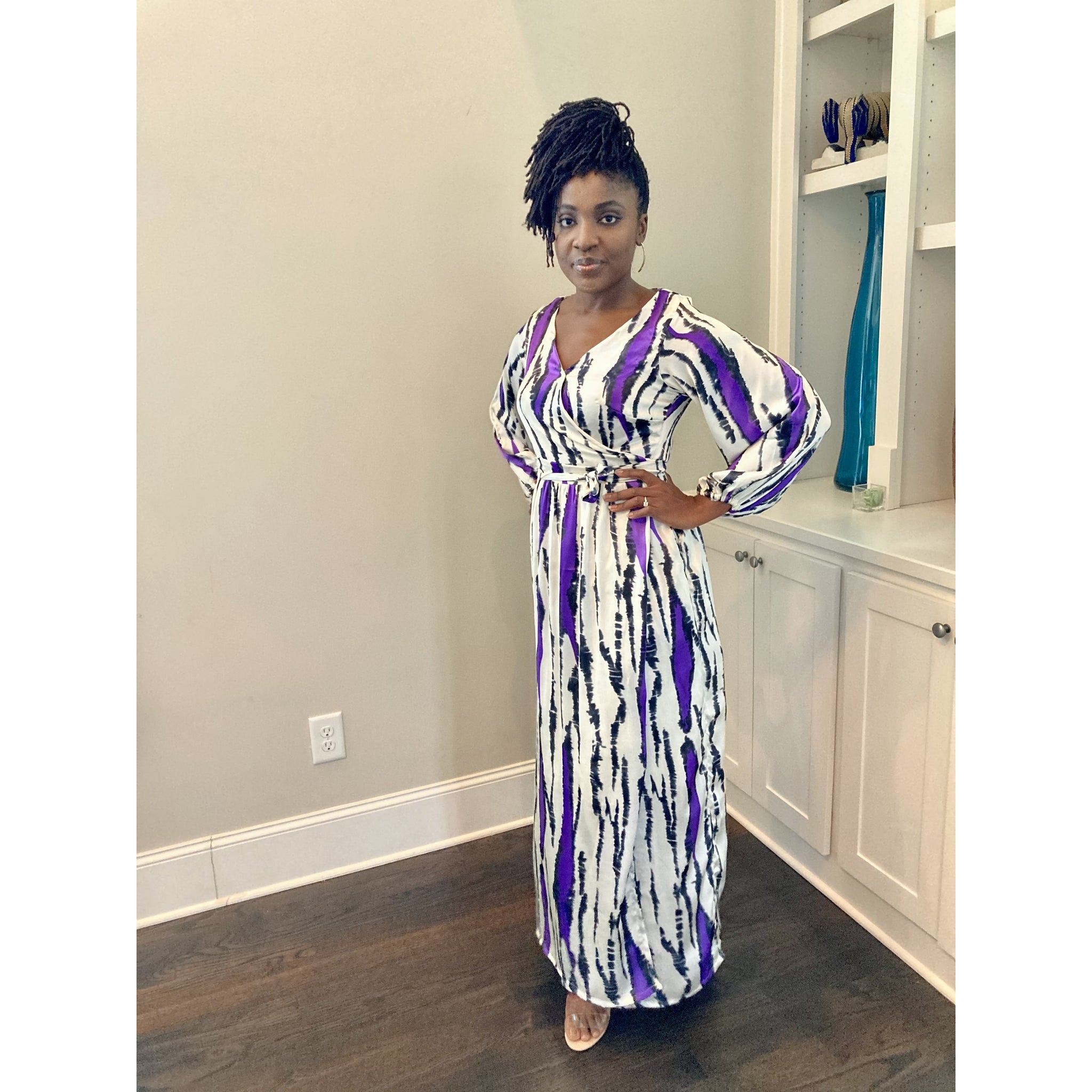 Purple Silk African print wrap dress with bishop sleeve