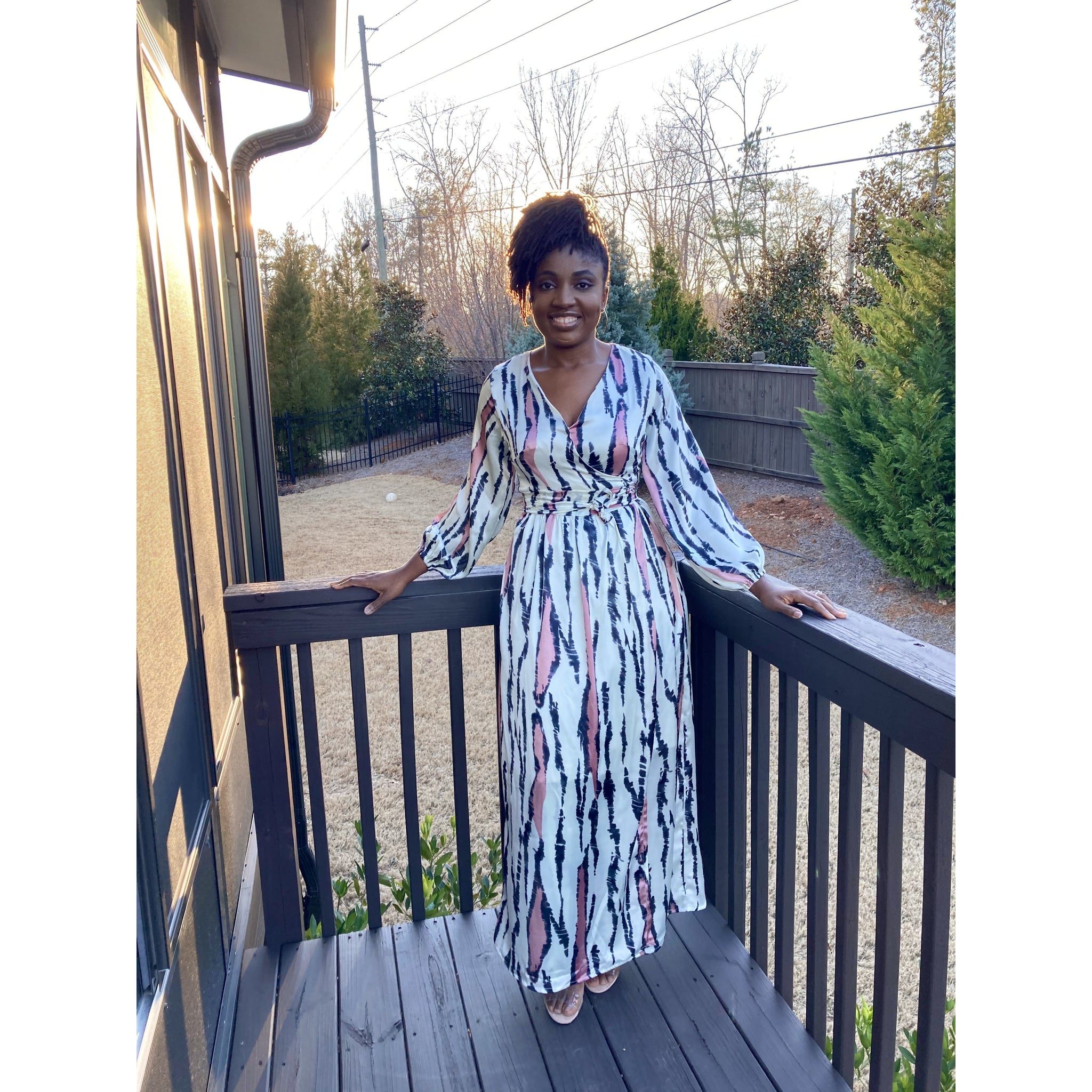 Blush African print silk wrap dress with bishop sleeves