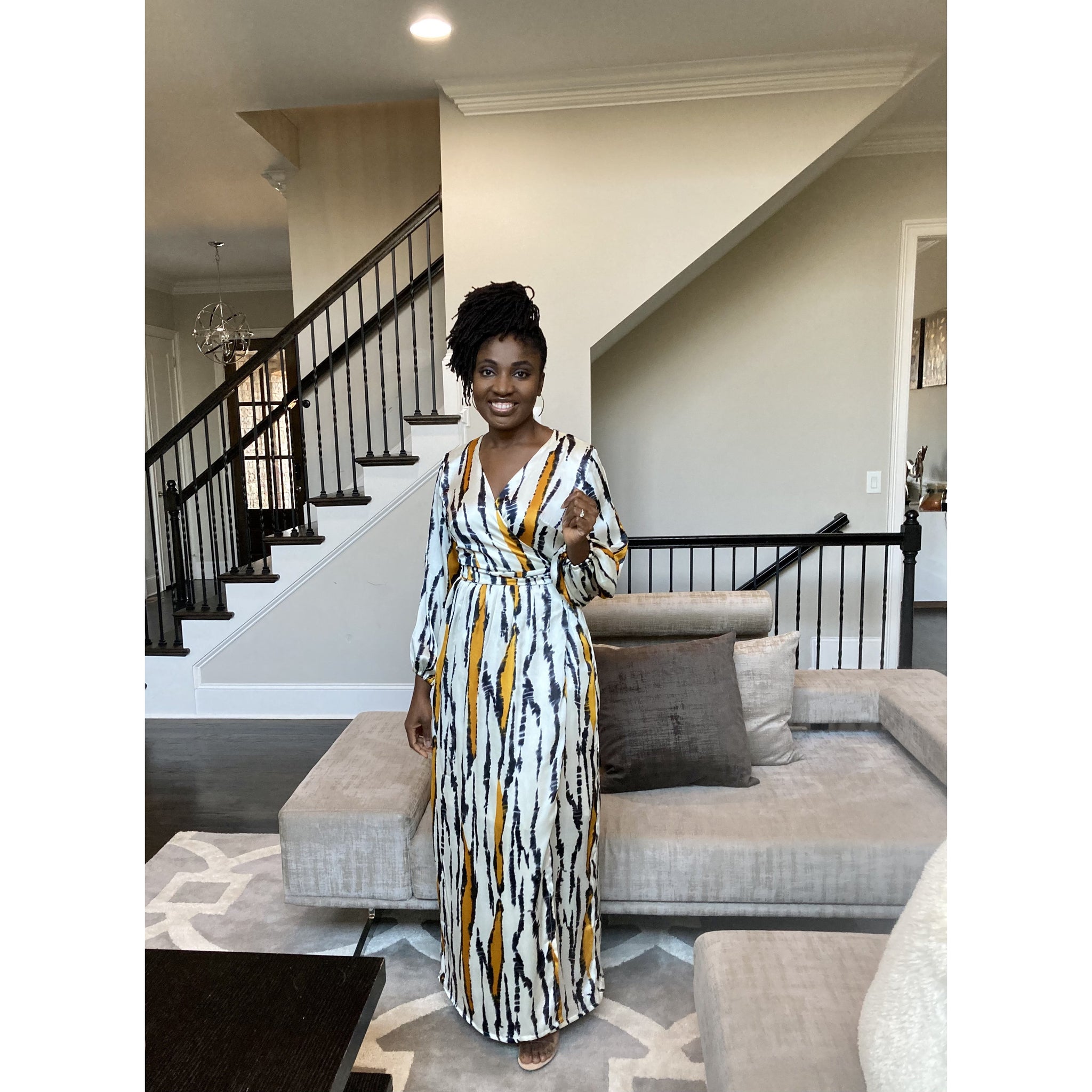 Mustard Silk African print wrap dress with bishop sleeves