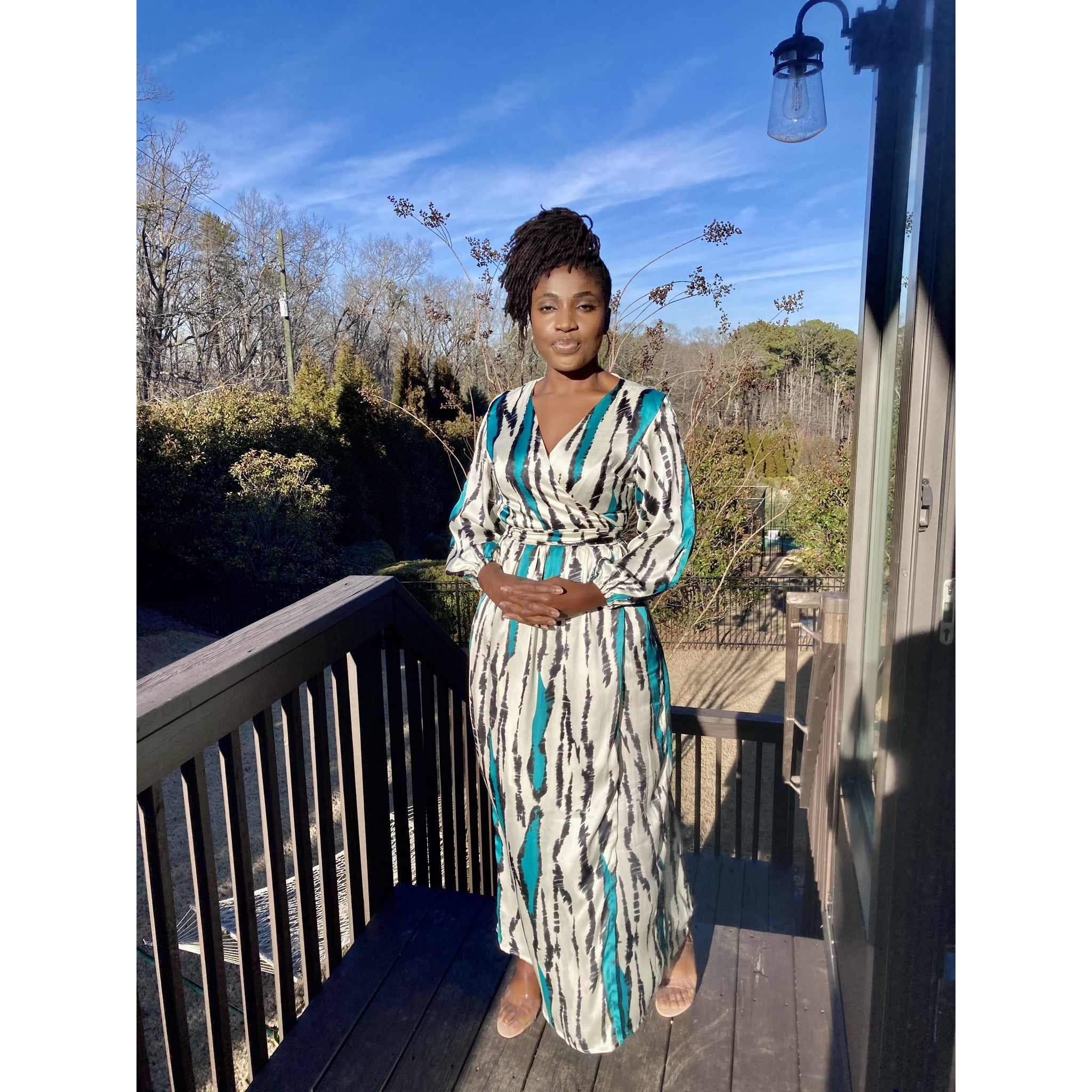 Teal Silk African print wrap dress with bishop dress