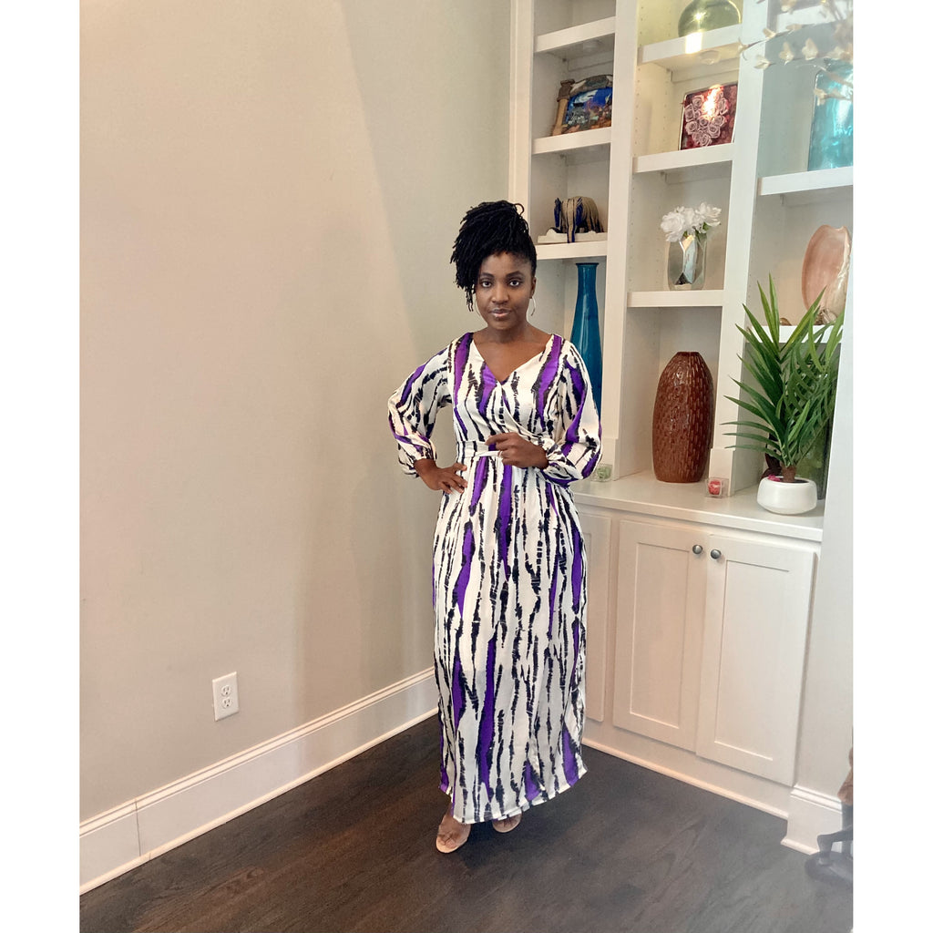 Purple Silk African print wrap dress with bishop sleeve