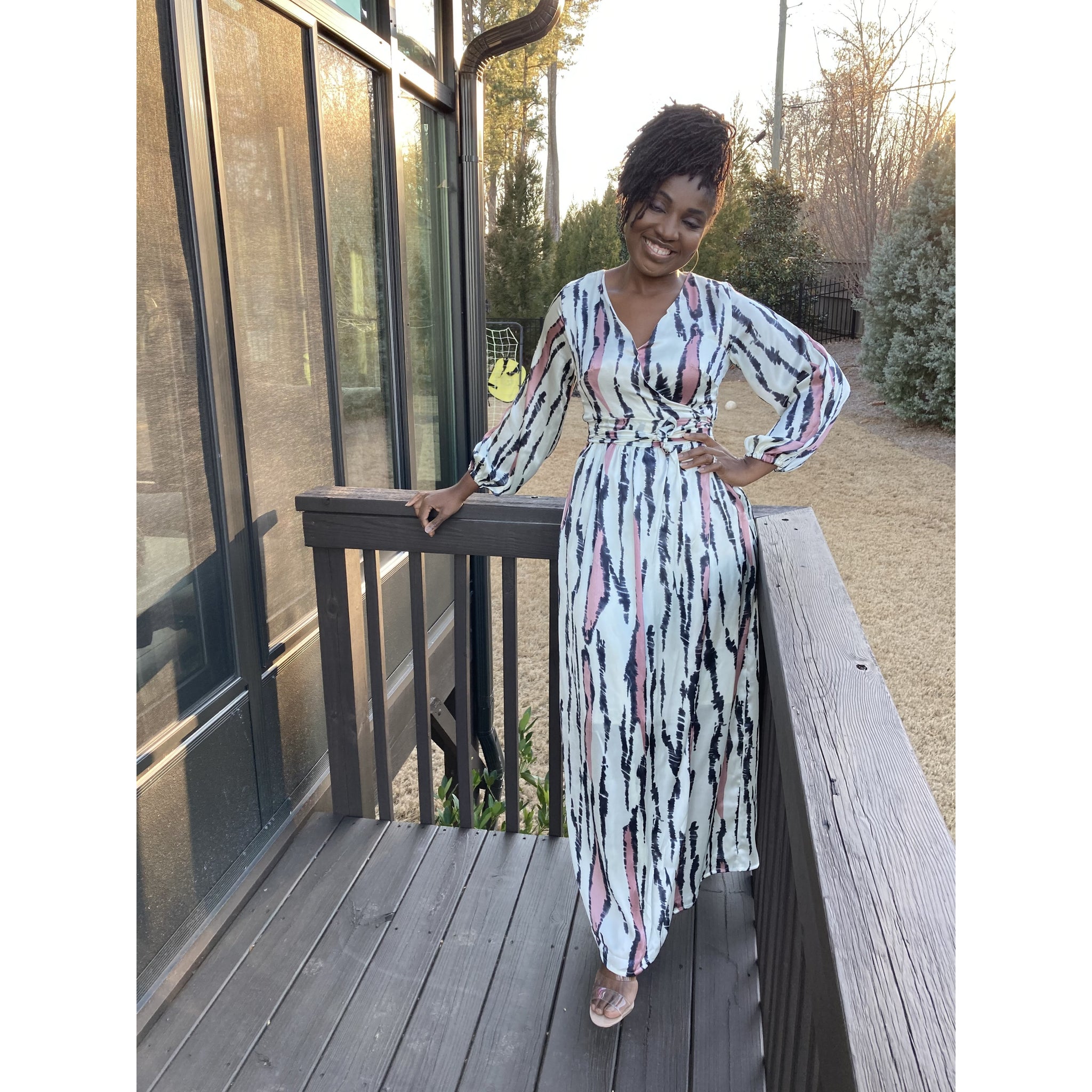 Red African print silk maxi wrap dress with bishop sleeves