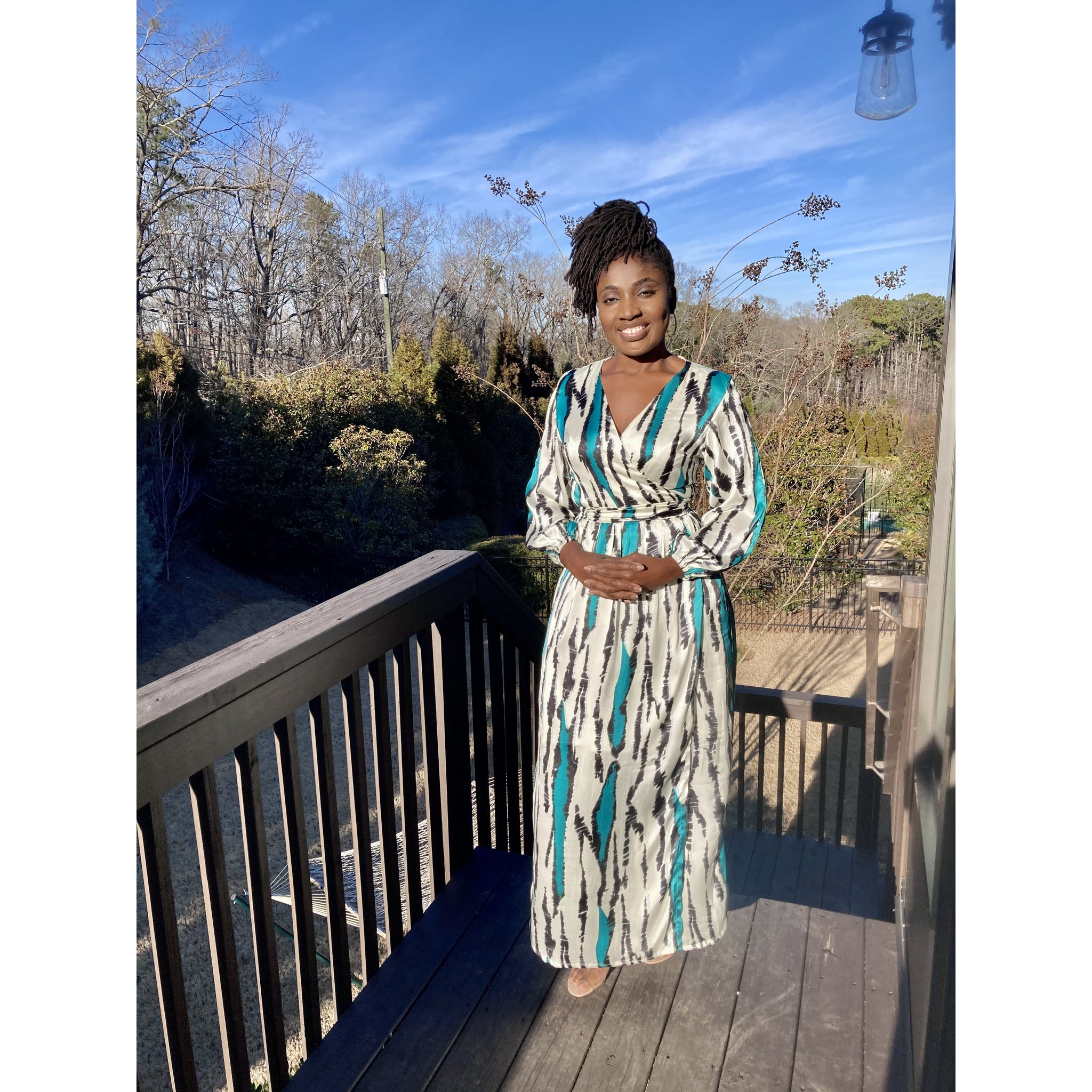 Teal Silk African print wrap dress with bishop dress