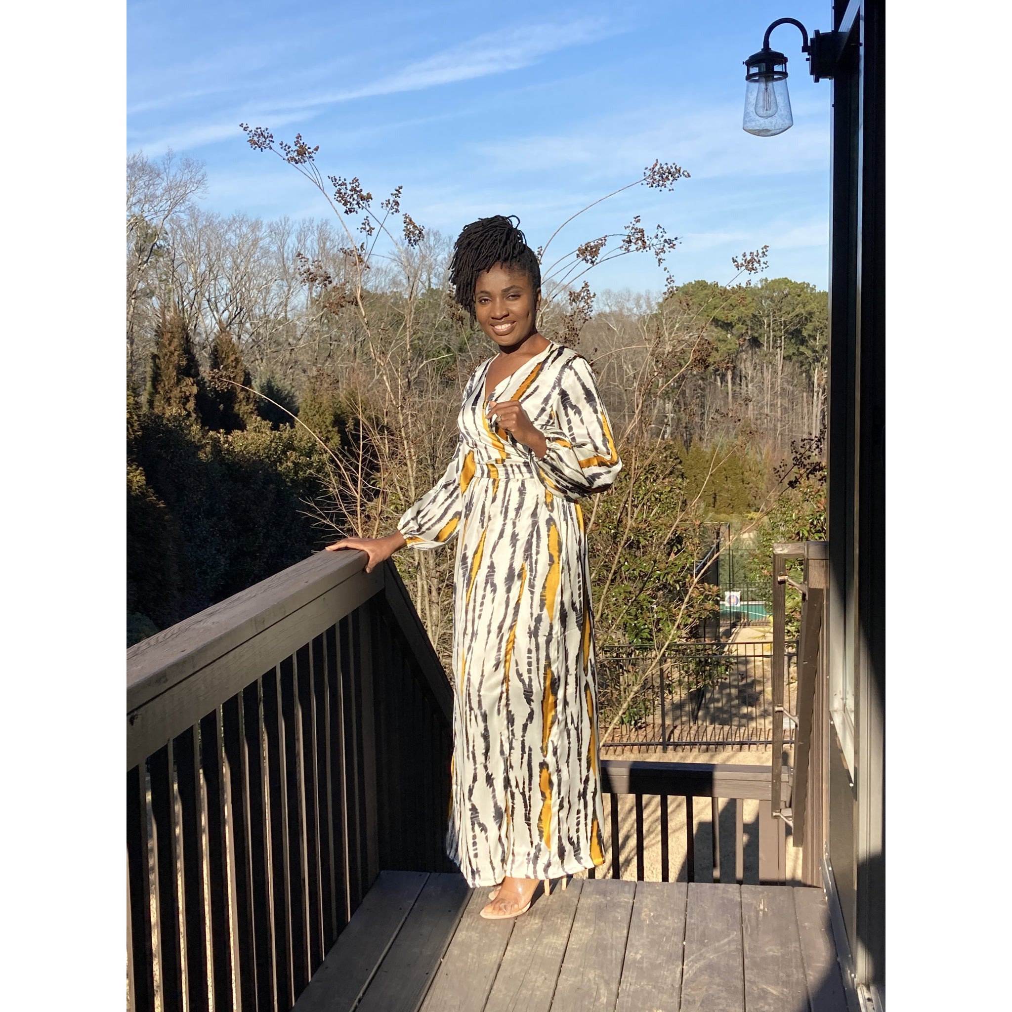 Mustard Silk African print wrap dress with bishop sleeves