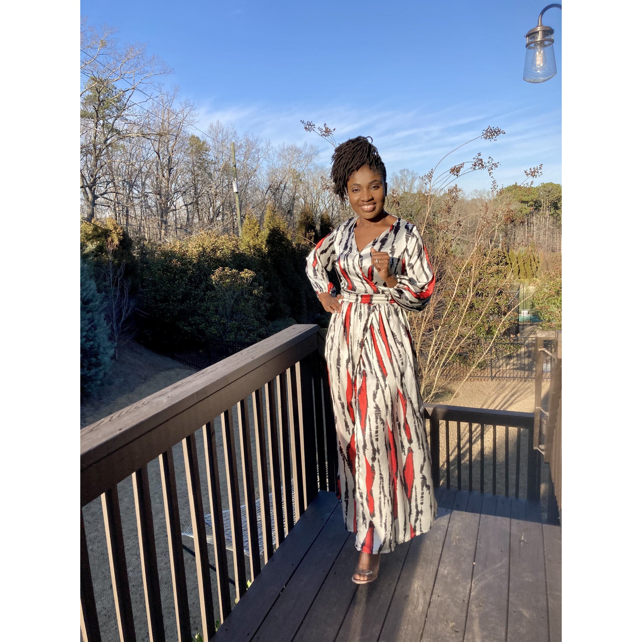 Red African print silk maxi wrap dress with bishop sleeves