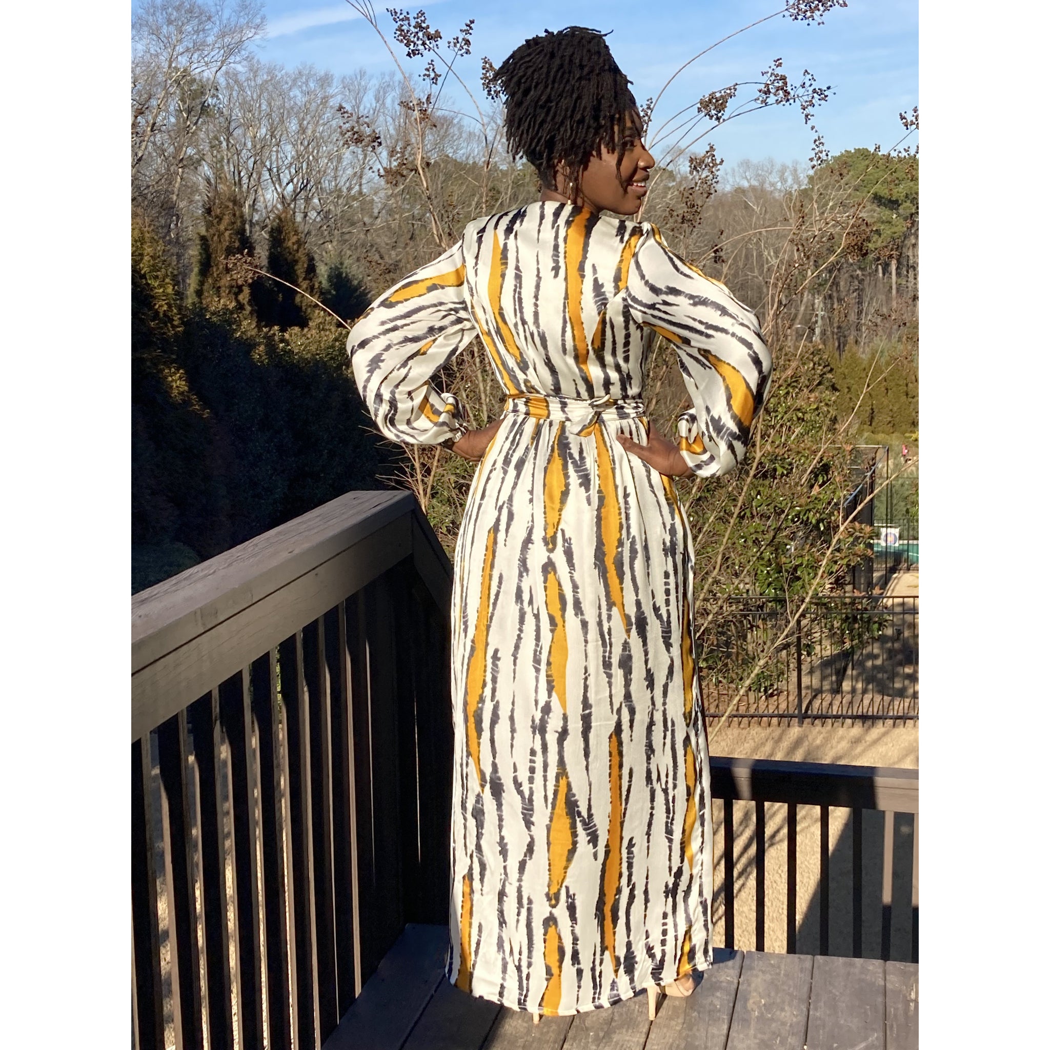 Mustard Silk African print wrap dress with bishop sleeves