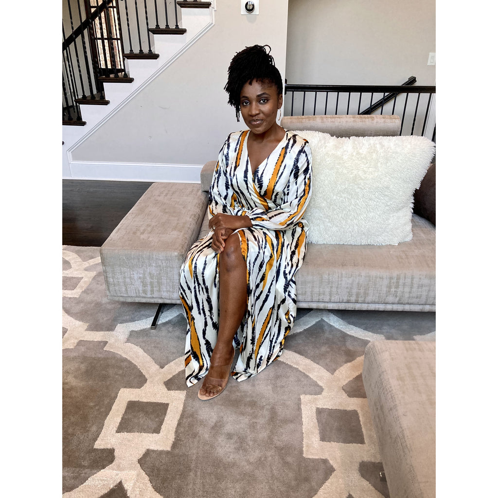 Mustard Silk African print wrap dress with bishop sleeves