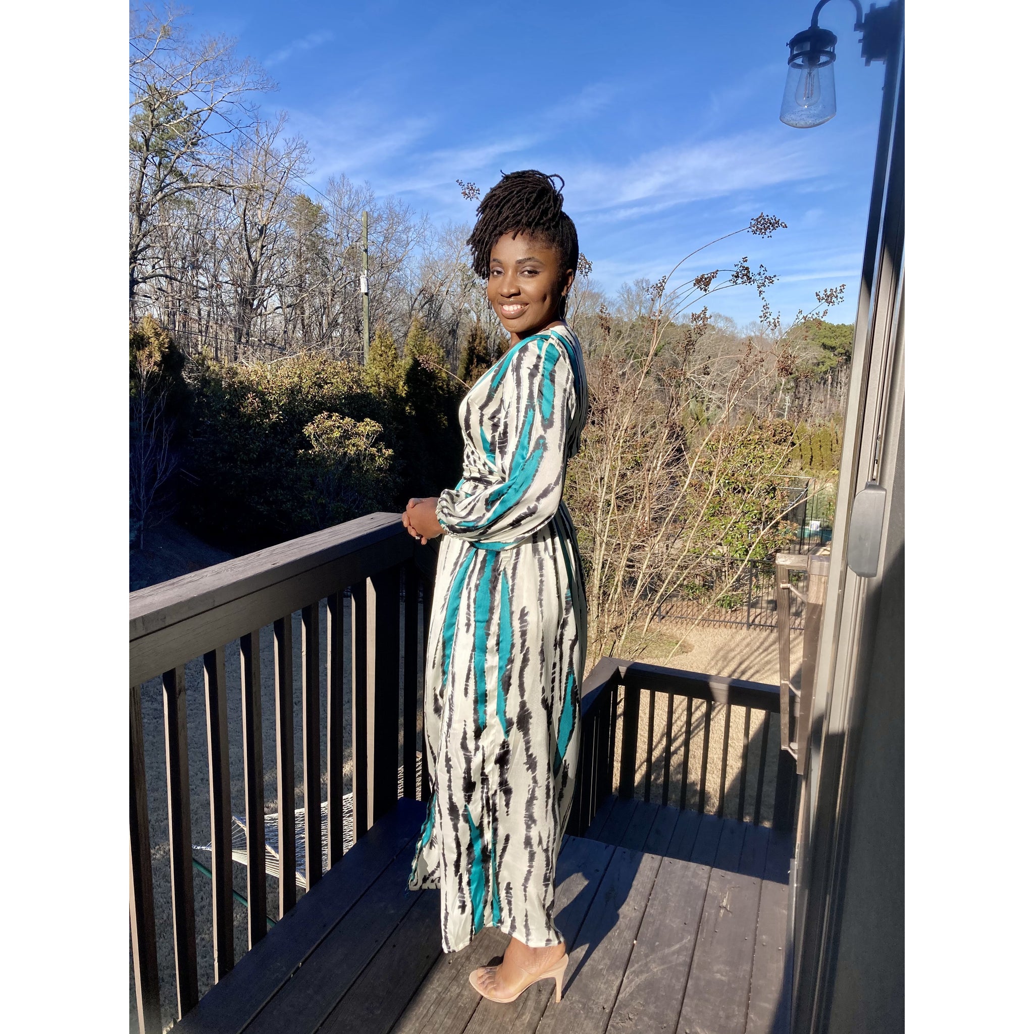 Teal Silk African print wrap dress with bishop dress