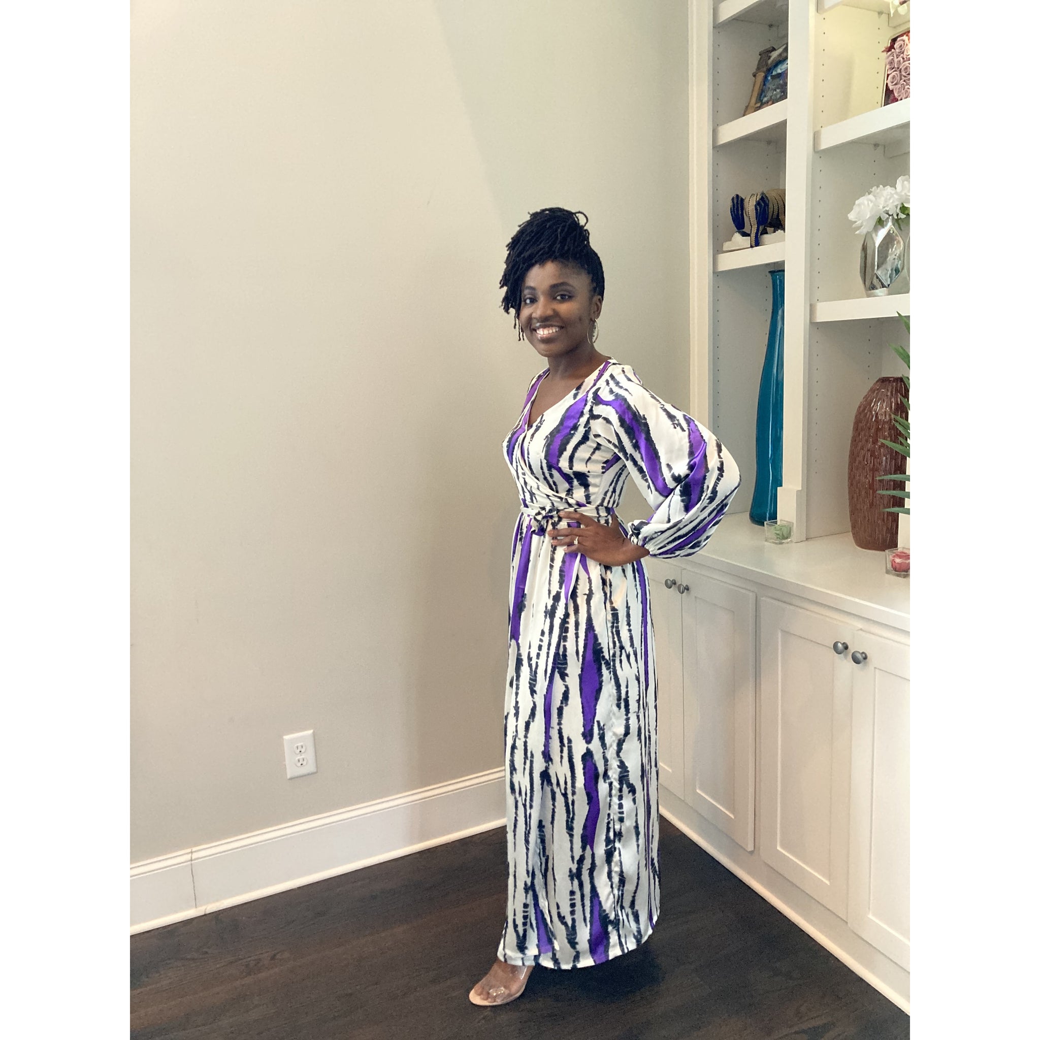 Purple Silk African print wrap dress with bishop sleeve