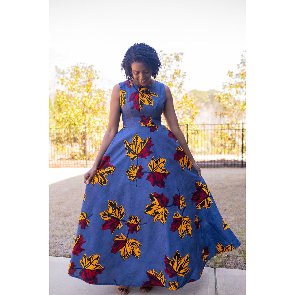 Colored leaves African print Maxi dress