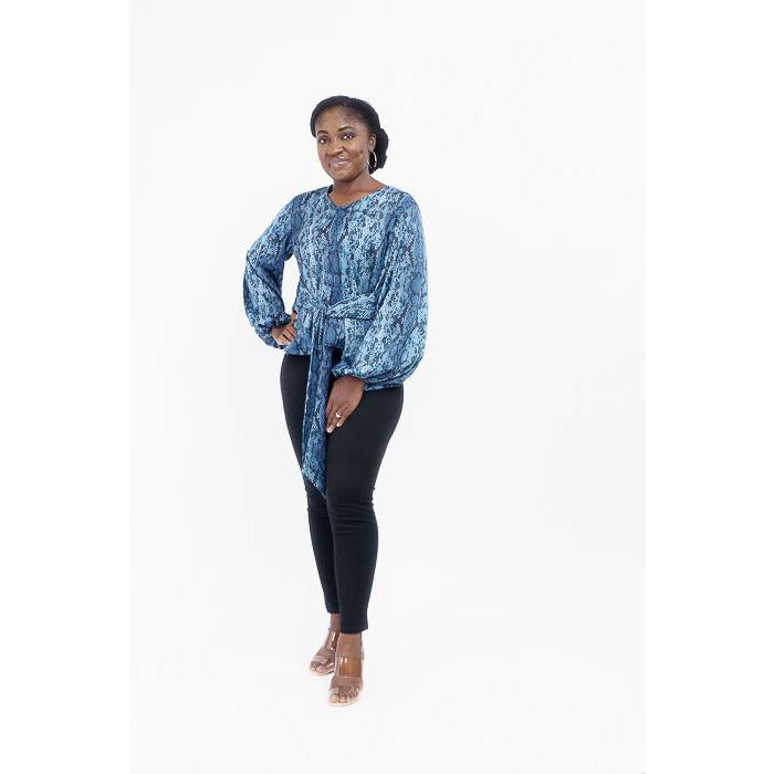 Blue and Black animal print bishop sleeves top