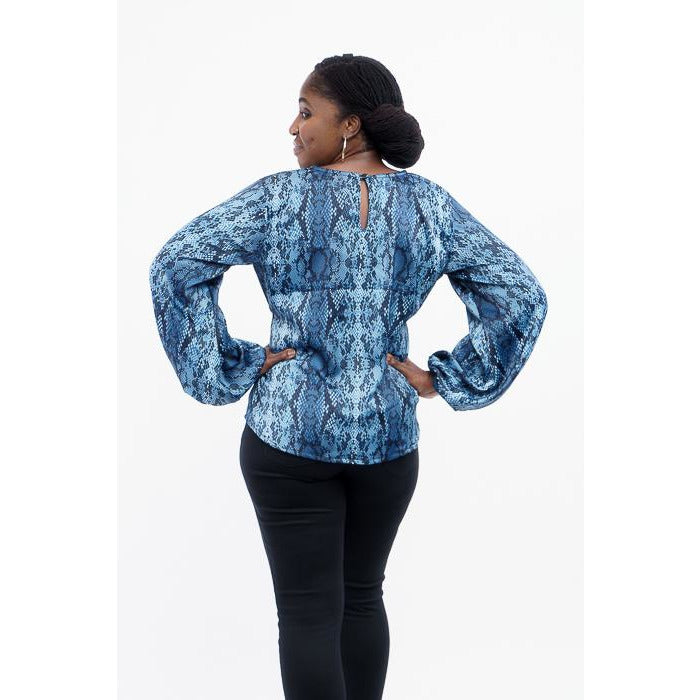 Blue and Black animal print bishop sleeves top