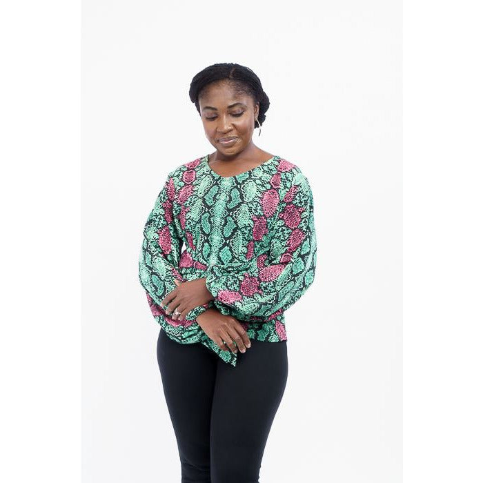 Green and Pink print v-round neck top with bishop sleeves