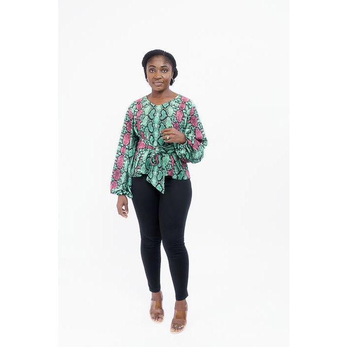 Green and Pink print v-round neck top with bishop sleeves