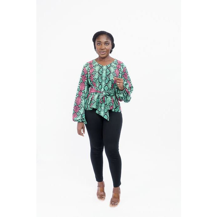 Green and Pink print v-round neck top with bishop sleeves