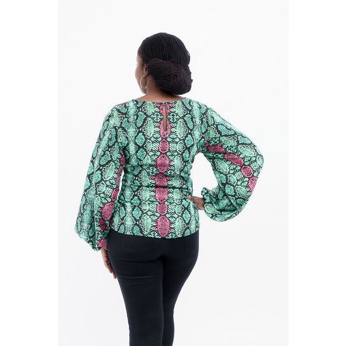 Green and Pink print v-round neck top with bishop sleeves