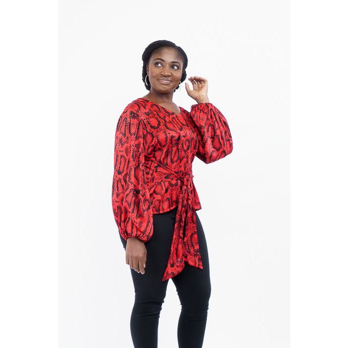 Red and Black print v-round neck with bishop sleeves top