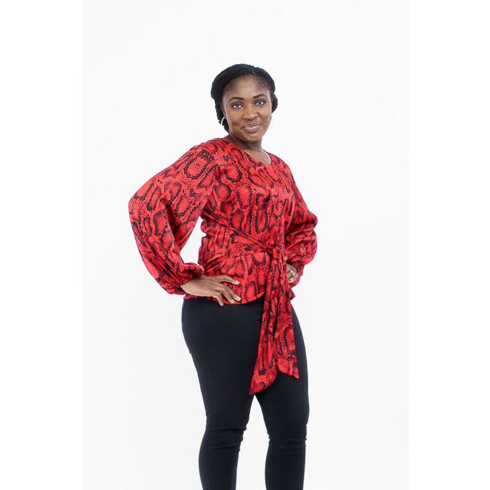 Red and Black print v-round neck with bishop sleeves top