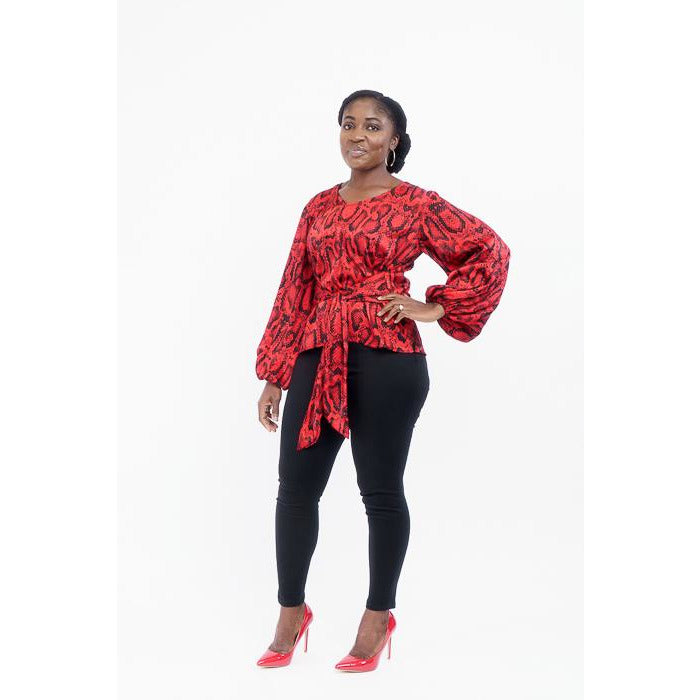 Red and Black print v-round neck with bishop sleeves top