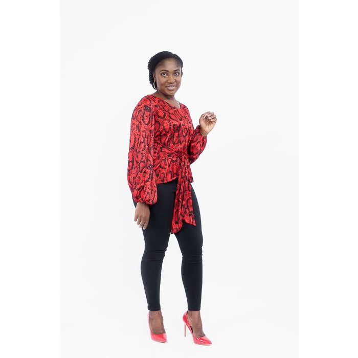 Red and Black print v-round neck with bishop sleeves top