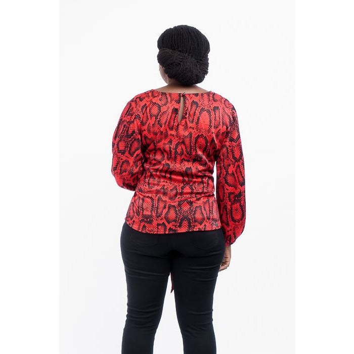 Red and Black print v-round neck with bishop sleeves top