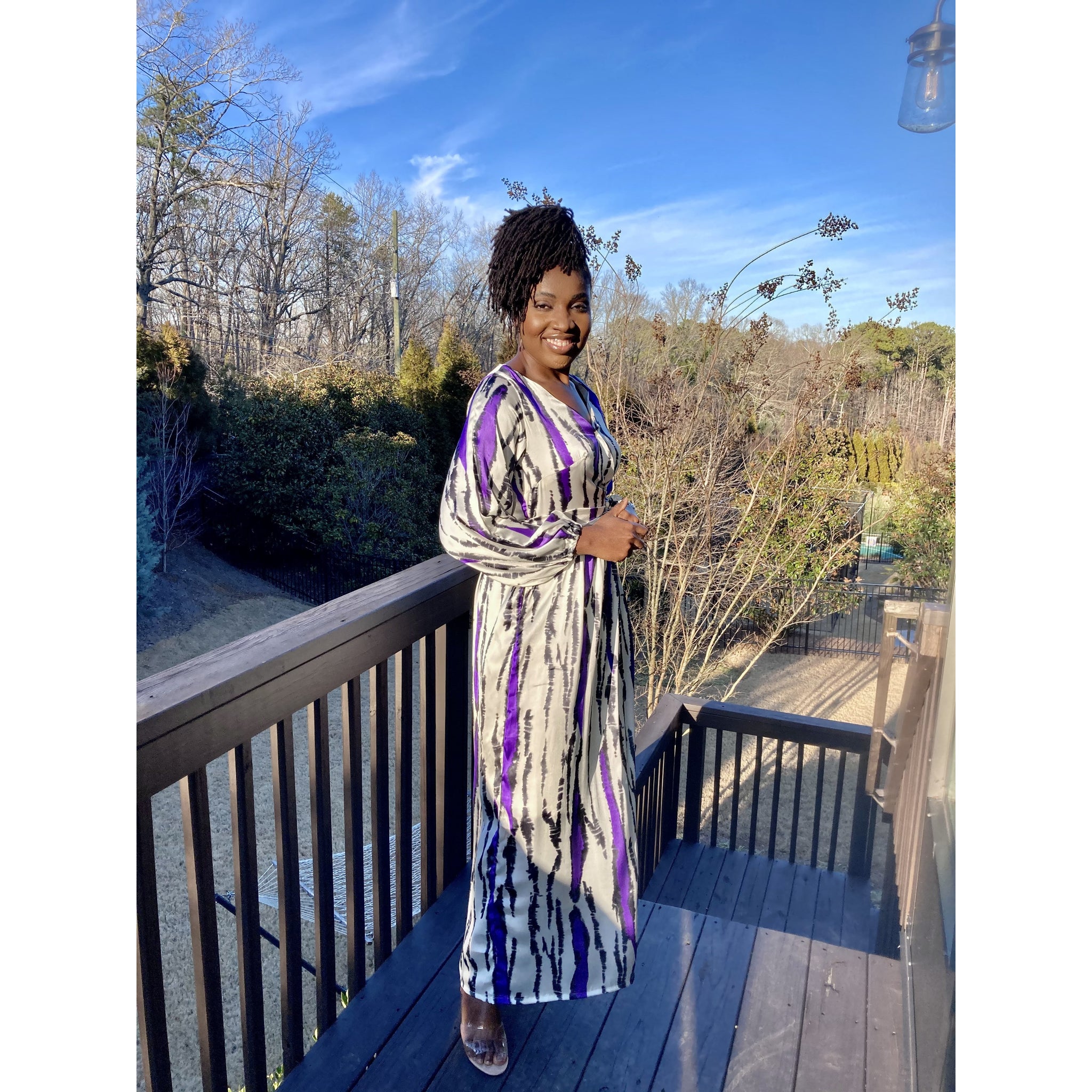 Purple Silk African print wrap dress with bishop sleeve