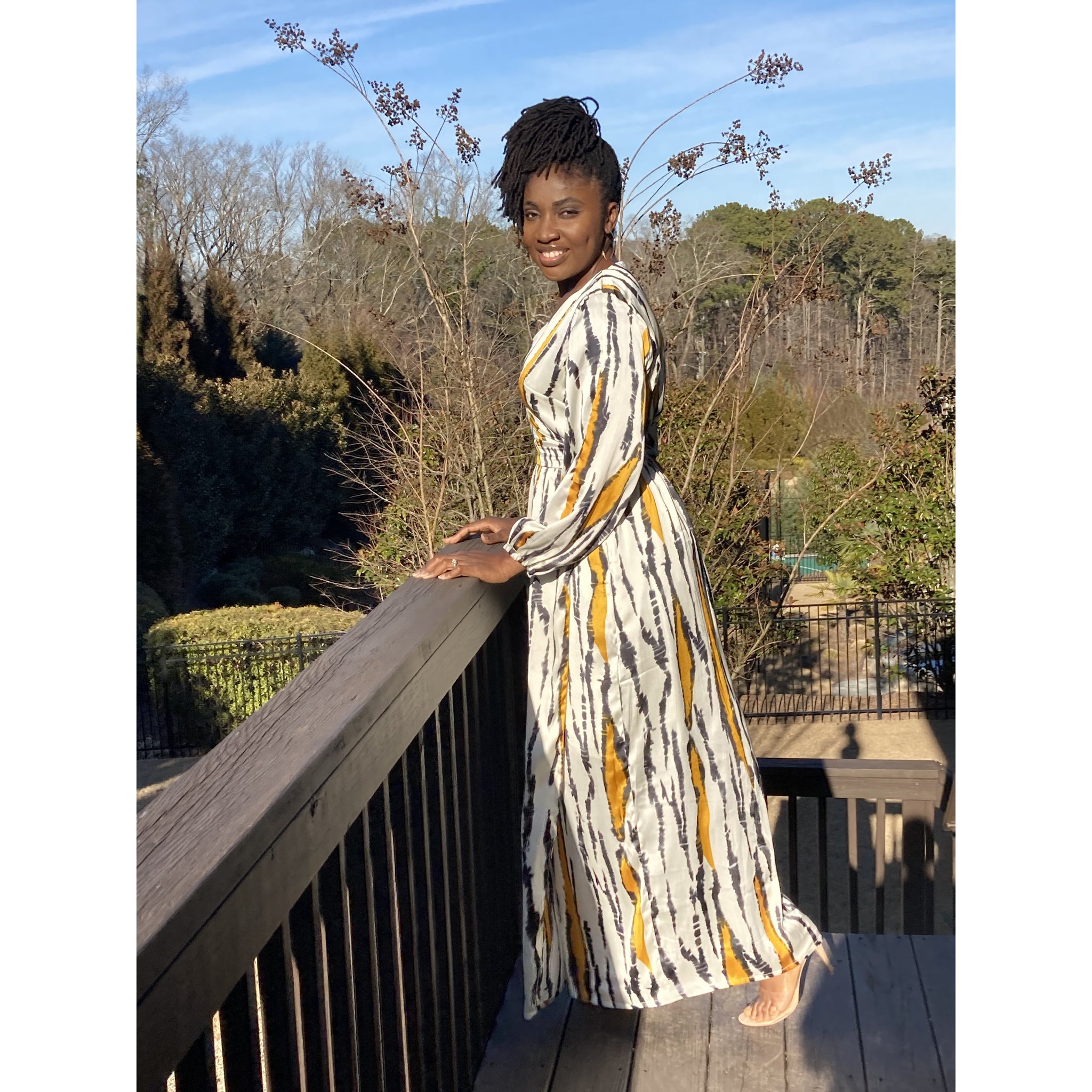 Mustard Silk African print wrap dress with bishop sleeves