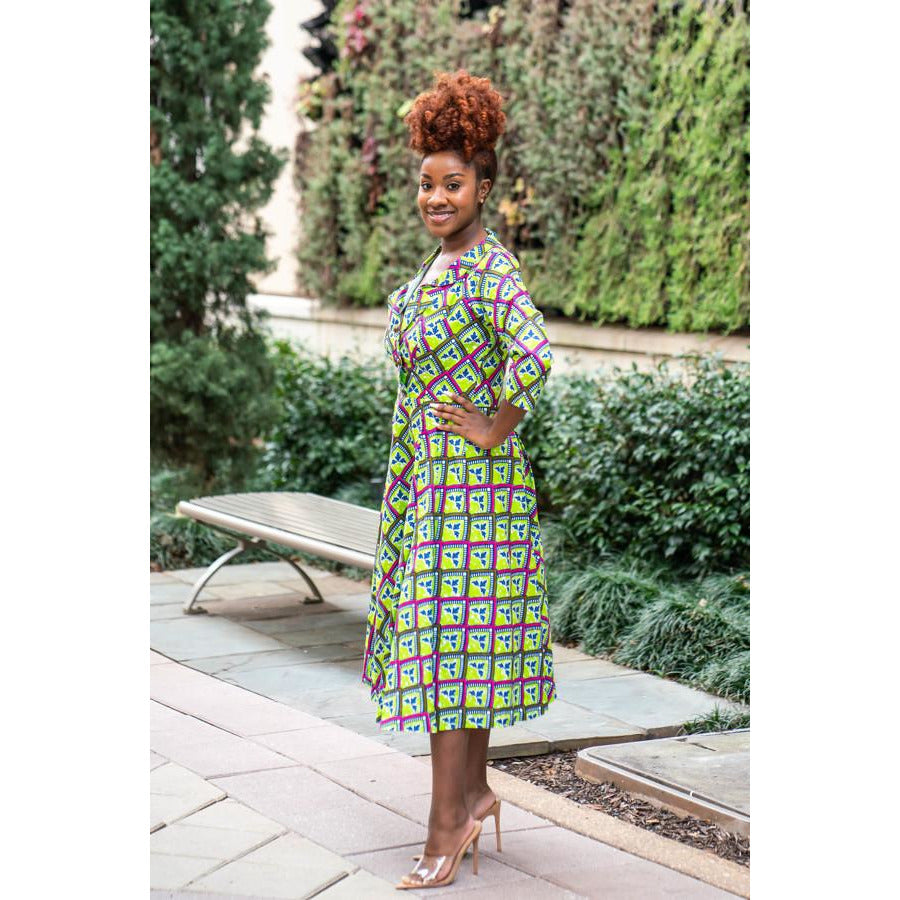 Green Shirt Collar Midi African Print Dress Small