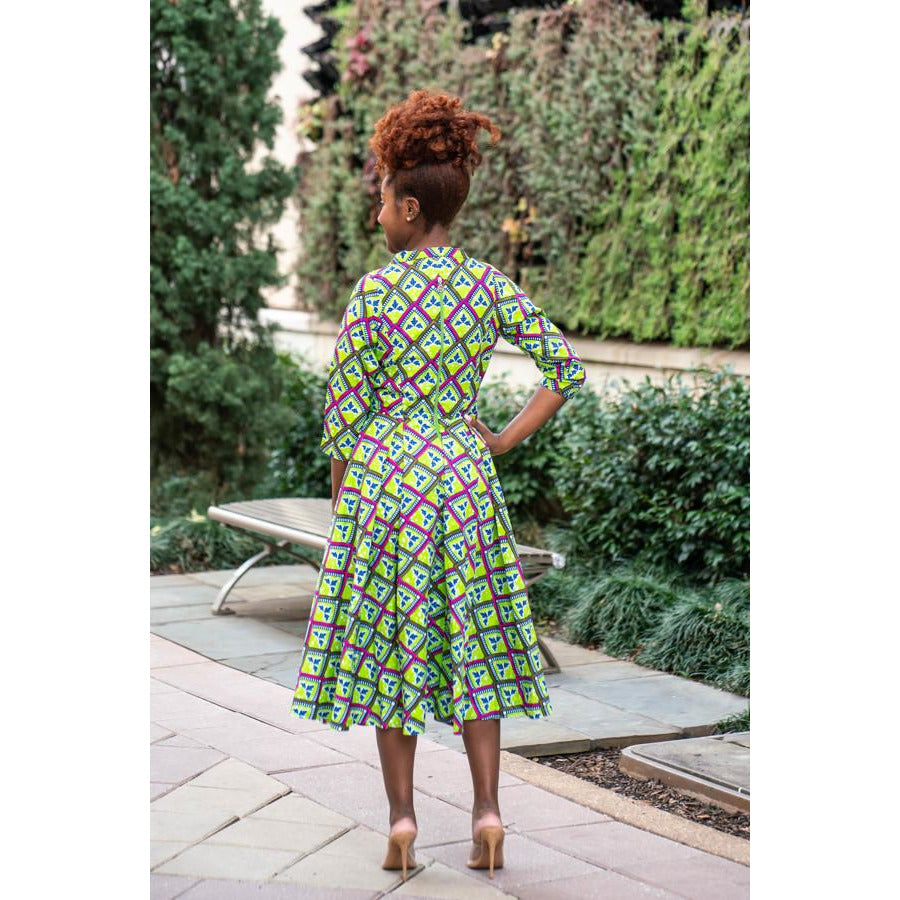 Green Shirt Collar Midi African Print Dress