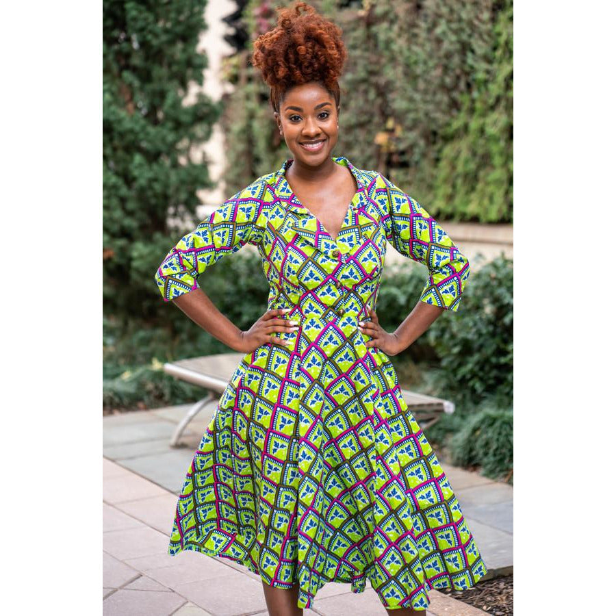 Green Shirt Collar Midi African Print Dress