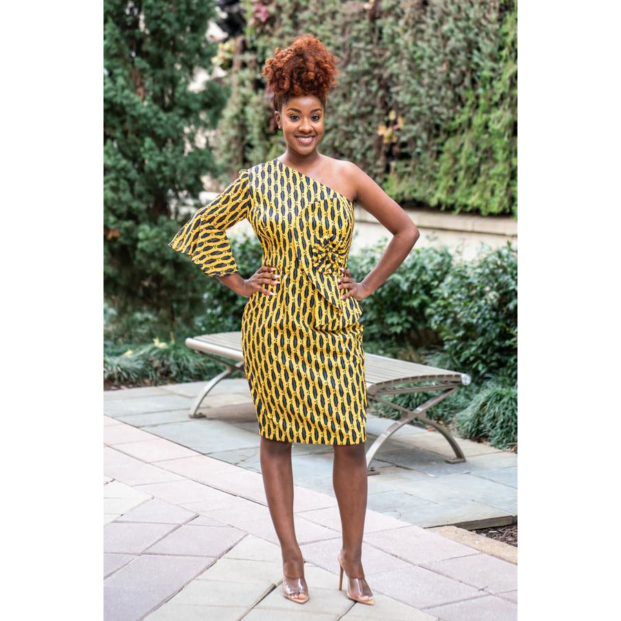 Black and Mustard One shoulder Silk Print dress