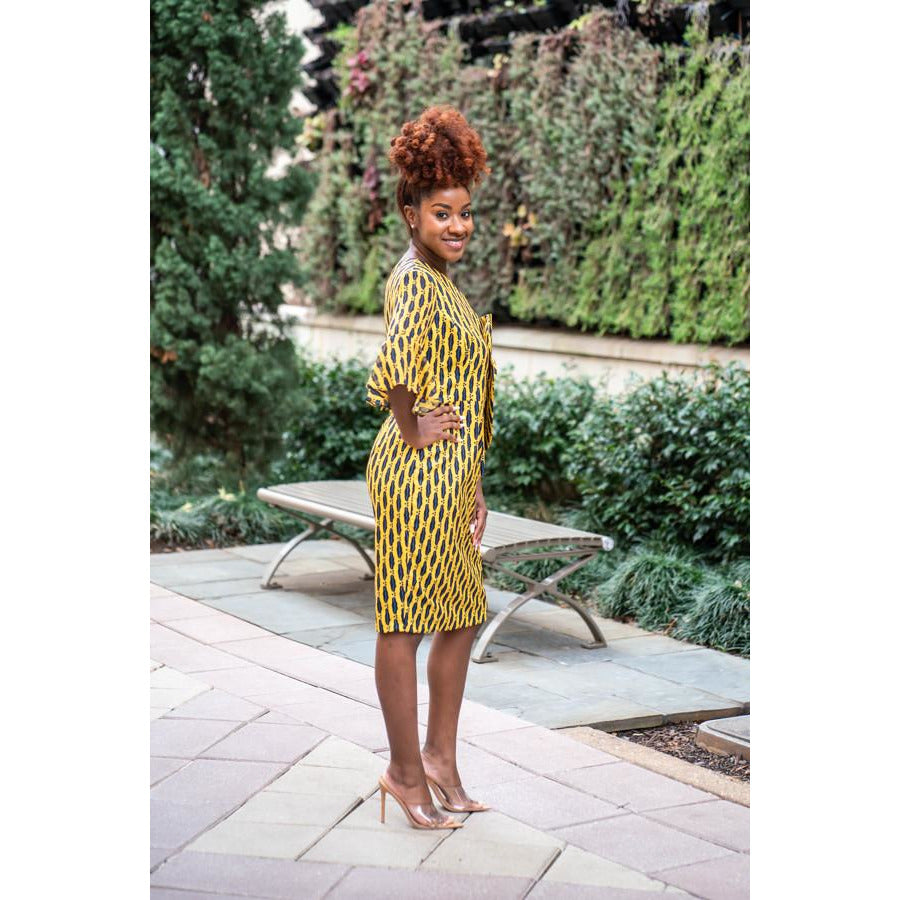 Black and Mustard One shoulder Silk Print dress