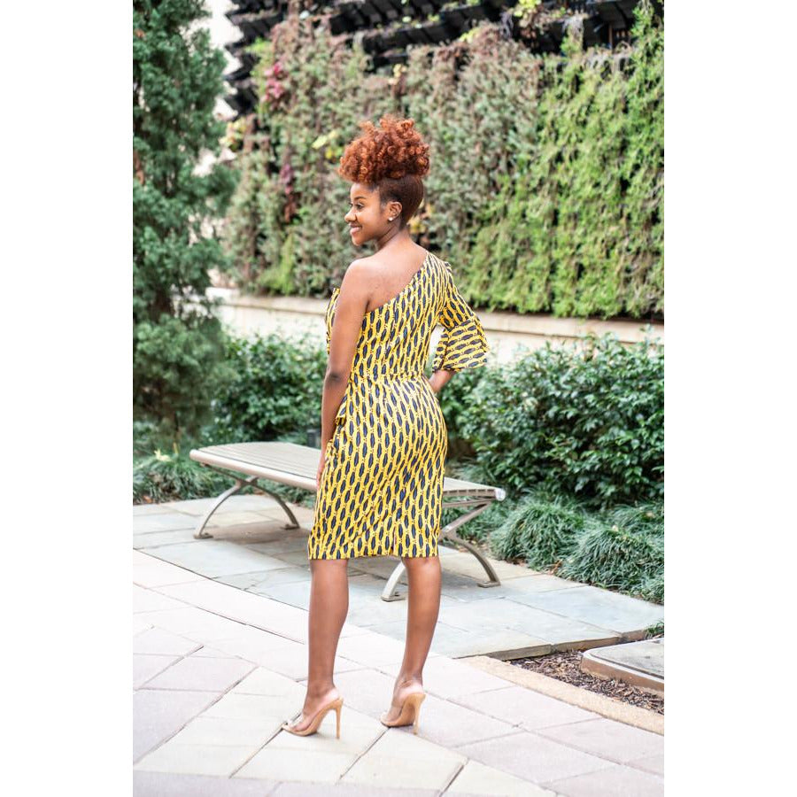 Black and Mustard One shoulder Silk Print dress