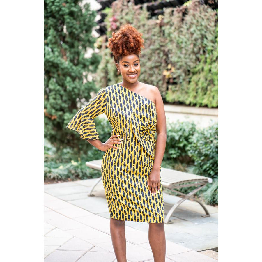 Black and Mustard One shoulder Silk Print dress