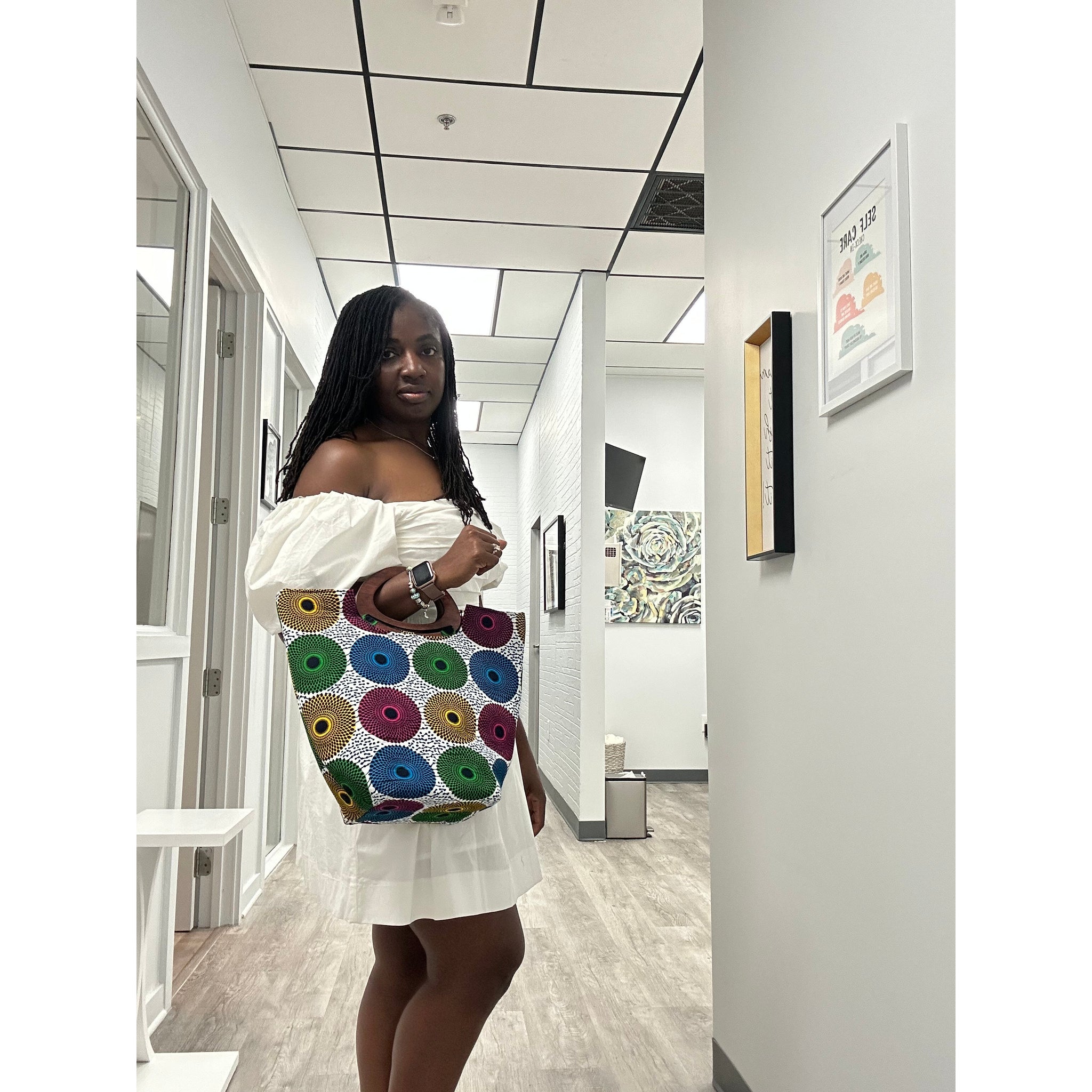 Aqua print oversized Tote with wooden handle